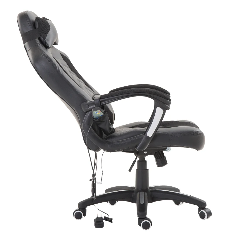 HomCom® Silla de Oficina Gaming con 6 Puntos de Masaje y Calefacción 2 Almohadas con Mando a Distancia 68x69x108-117cm Negro