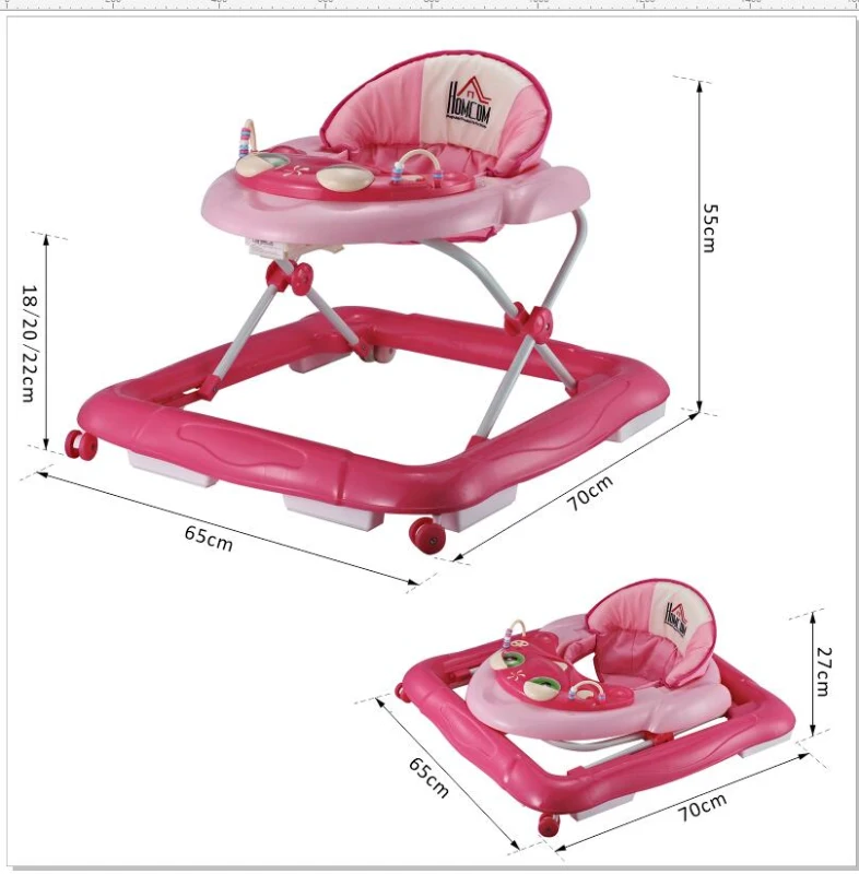HOMCOM Andador para Bebés Plegable con Freno Andador Bebé Coche con Juguetes y Varilla de Empuje Ajuste de Altura y Caja de Musica 70x65x55cm