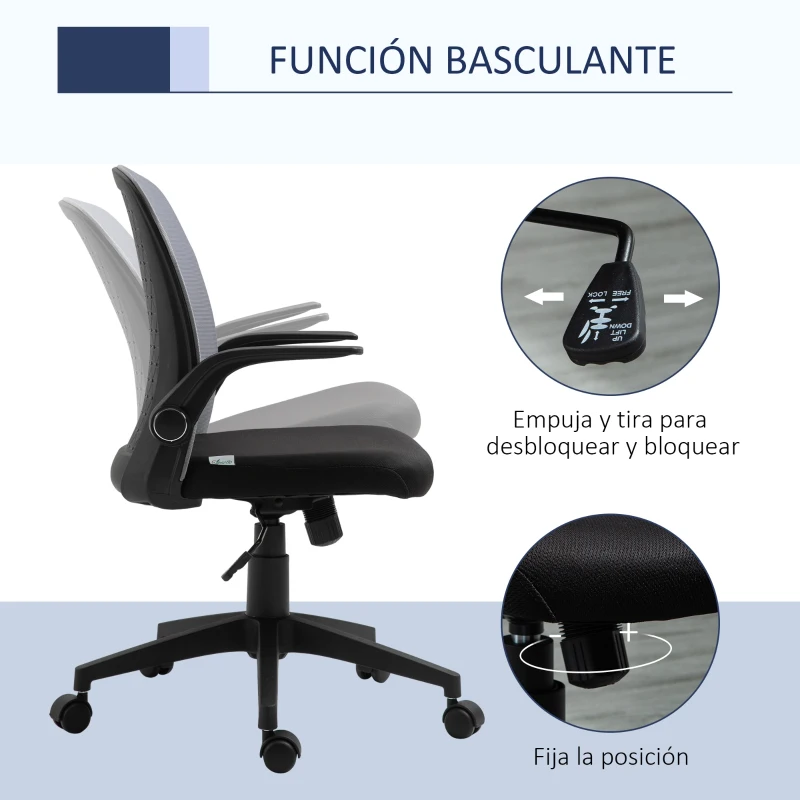 Vinsetto Silla de Juvenil Silla Escritorio Giratoria Ajustable en Altura con Reposabrazos Abatible Soporte Lumbar y Respaldo Transpirable 57x61x93-102 cm Gris