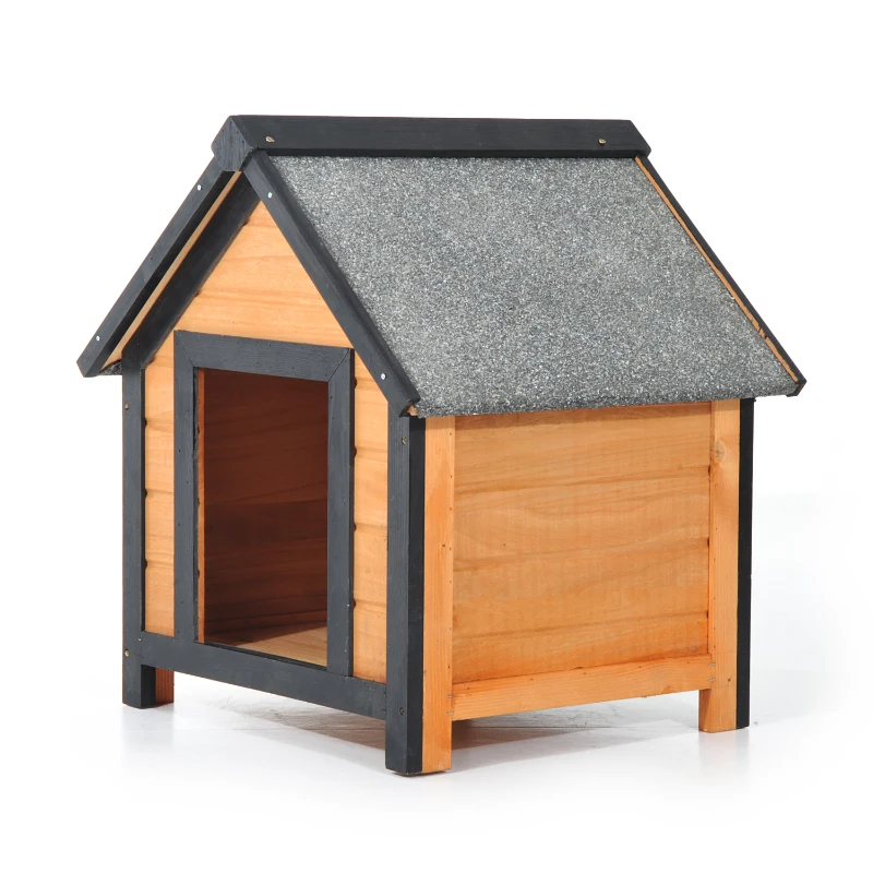 PawHut Caseta de Perro 56x60,5x66cm Madera de Abeto Barnizada Tejado Gris con Techo y 4 Patas Antideslizantes