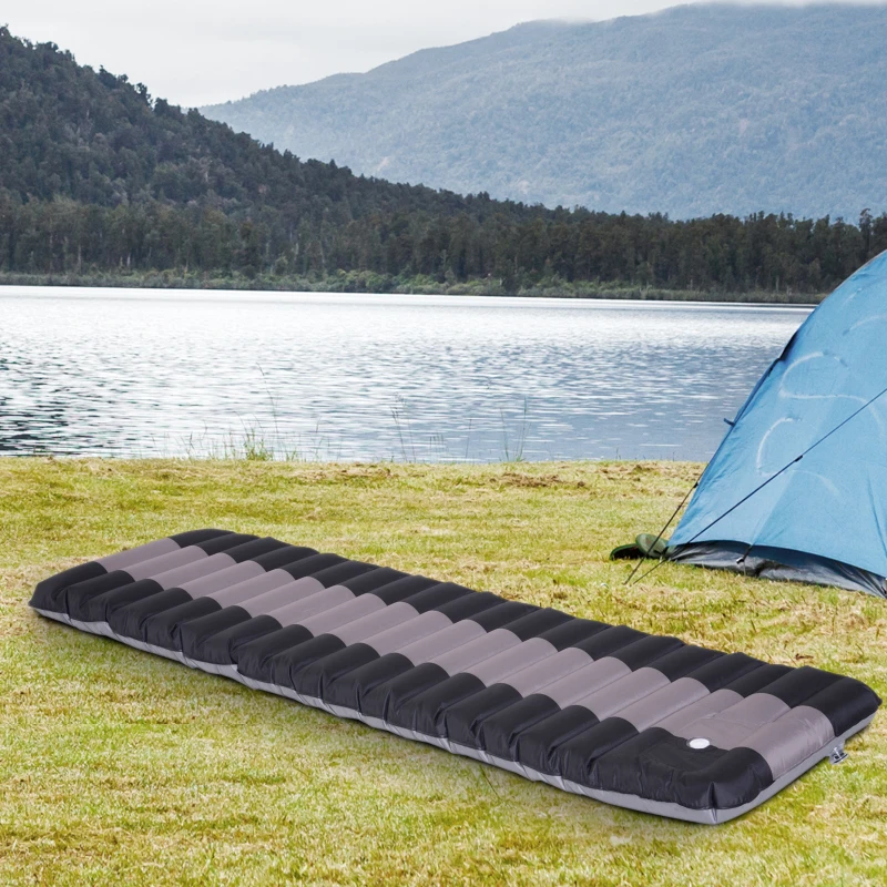 Outsunny Colchón Hinchable Inflable Individual Cama de Aire Portátil para Acampada Playa Viaje - 183 x 60 x 12 cm - Negro y Gris