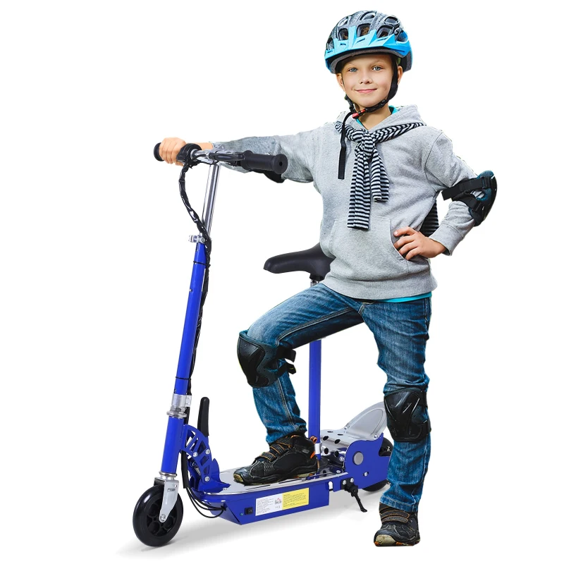 HomCom Patinete Eléctrico Scooter Plegable con Manillar y Asiento Ajustable - Color Azul - 81.5x37x96cm