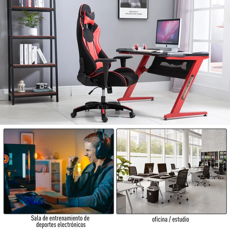 Vinsetto Silla Gaming de Ordenador Silla Gamer Profesional Ergonómica de Oficina Reclinable Altura Inclinación Ajustable 64x70x120-127cm Rojo PU