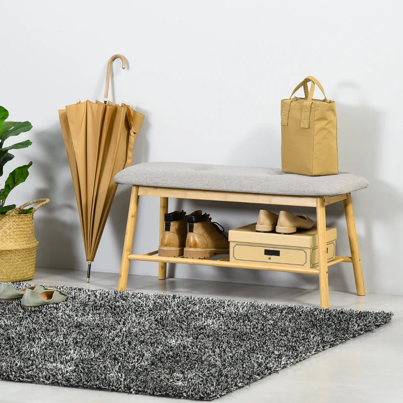 HOMCOM Banco Zapatero Moderno Mueble Recibidor de Bambú con Asiento Acolchado y Estante para Zapatos Entrada Pasillo 90x34x44 cm Color Natural y Gris