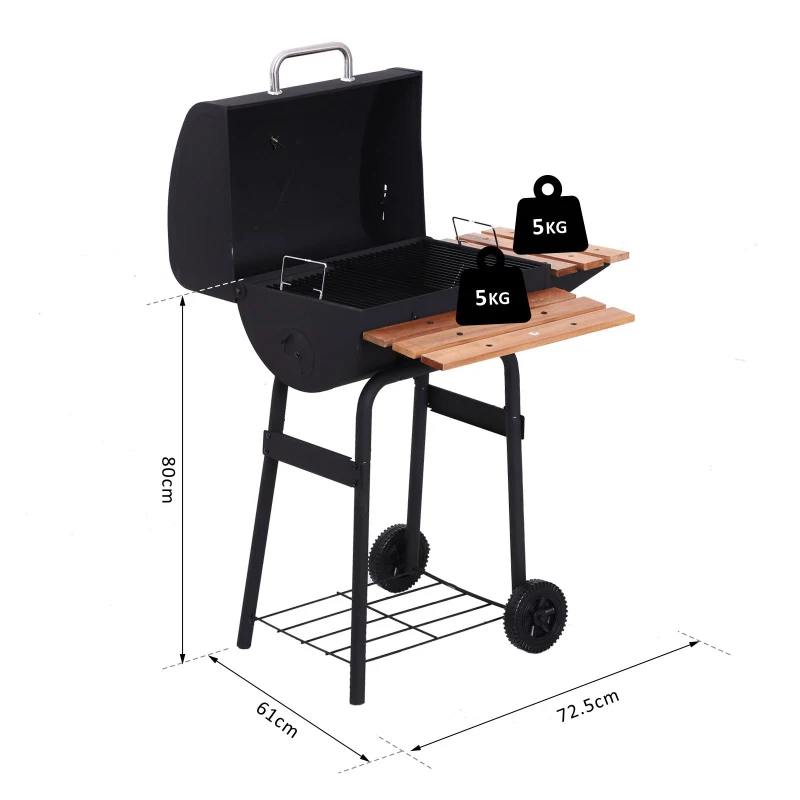Outsunny Barbacoa de Carbón Vegetal Portátil Parilla de Carbón con Ruedas Parilla Barril Carro de BBQ 72.5x61x102cm Estantes de Madera para Jardín Exterior Picnic Acampada