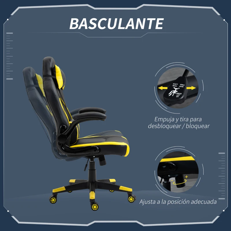 Vinsetto Silla Gaming Ergonómica Silla de Oficina Giratoria con Altura y Reposabrazos Ajustables Reposacabezas Cojín Lumbar Cuero Sintético 70x71x114-122 cm Amarillo