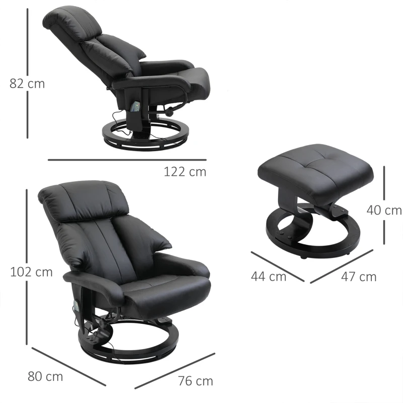 HOMCOM Massage Recliner Armchair, w/ Footstool, Leather, 145° Reclining, 360° Swivel, 10-point Massage, Black