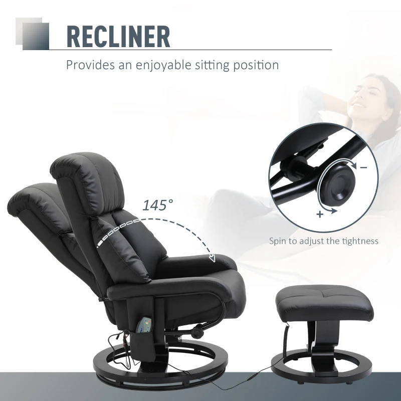 HOMCOM Massage Recliner Armchair, w/ Footstool, Leather, 145° Reclining, 360° Swivel, 10-point Massage, Black