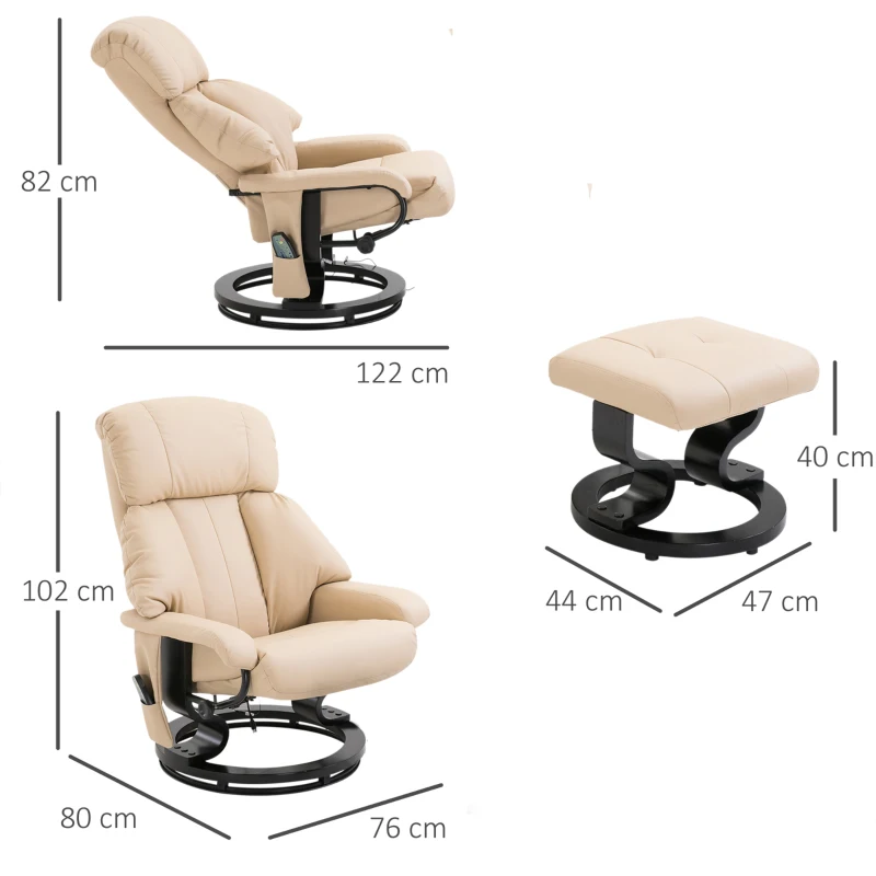 HOMCOM Swivel Recliner Chair, w/ Footstool, Leather, 145° Reclining, 360° Swivel, 10-point Massage, White