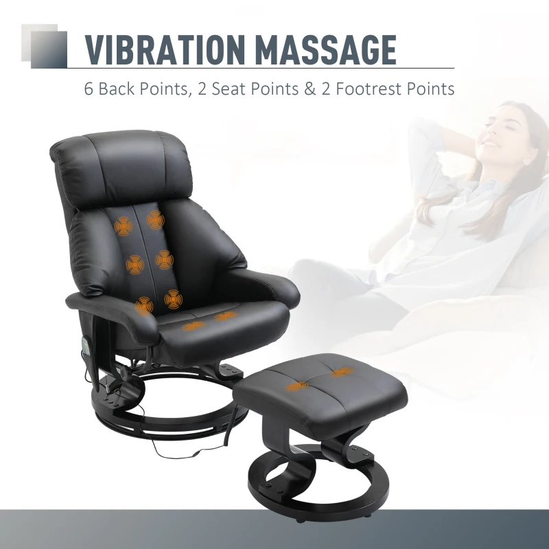 HOMCOM Massage Recliner Armchair, w/ Footstool, Leather, 145° Reclining, 360° Swivel, 10-point Massage, Black