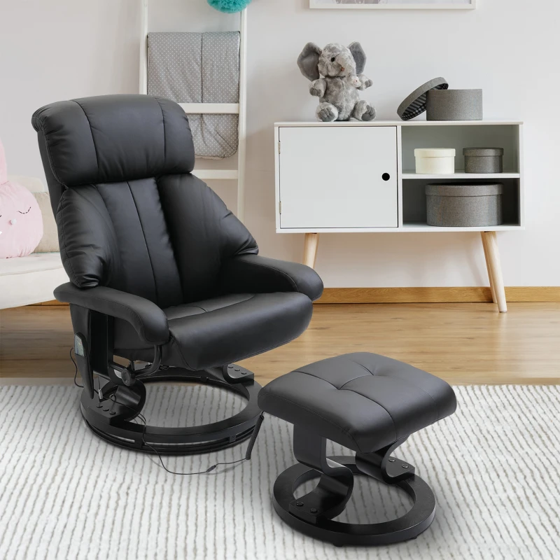 HOMCOM Massage Recliner Armchair, w/ Footstool, Leather, 145° Reclining, 360° Swivel, 10-point Massage, Black