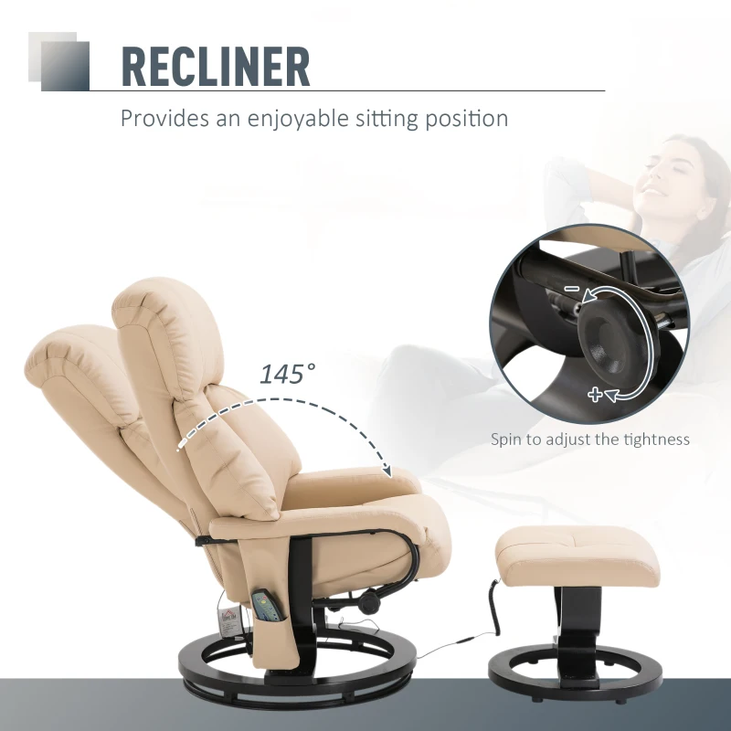 HOMCOM Swivel Recliner Chair, w/ Footstool, Leather, 145° Reclining, 360° Swivel, 10-point Massage, White