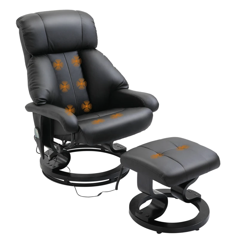HOMCOM Massage Recliner Armchair, w/ Footstool, Leather, 145° Reclining, 360° Swivel, 10-point Massage, Black