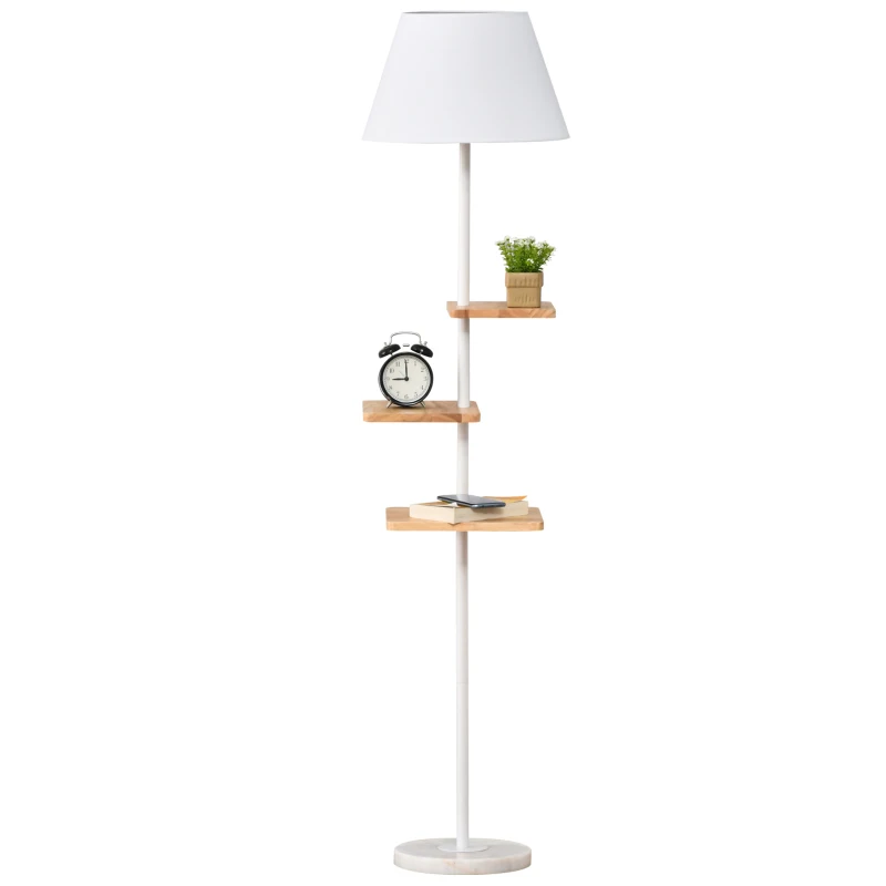 HOMCOM vloerlamp staande lamp met 3 draaibare niveaus elegant klassiek voor woonkamer slaapkamer kantoor staal rubberboomhout TC-weefsel marmer wit + naturel 38 x 38 x 155 cm