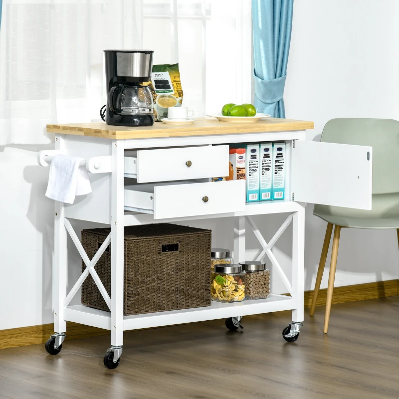HOMCOM keukenwagen vrijstaande stelling rolbaar serveerwagen keukentrolley met lade kast plank aan de onderkant handdoekhouder voor keuken woonkamer eetkamer rubberboomhout MDF wit + naturel 108 x 45 x 89 cm