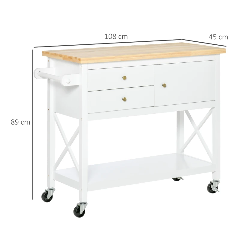 HOMCOM keukenwagen vrijstaande stelling rolbaar serveerwagen keukentrolley met lade kast plank aan de onderkant handdoekhouder voor keuken woonkamer eetkamer rubberboomhout MDF wit + naturel 108 x 45 x 89 cm