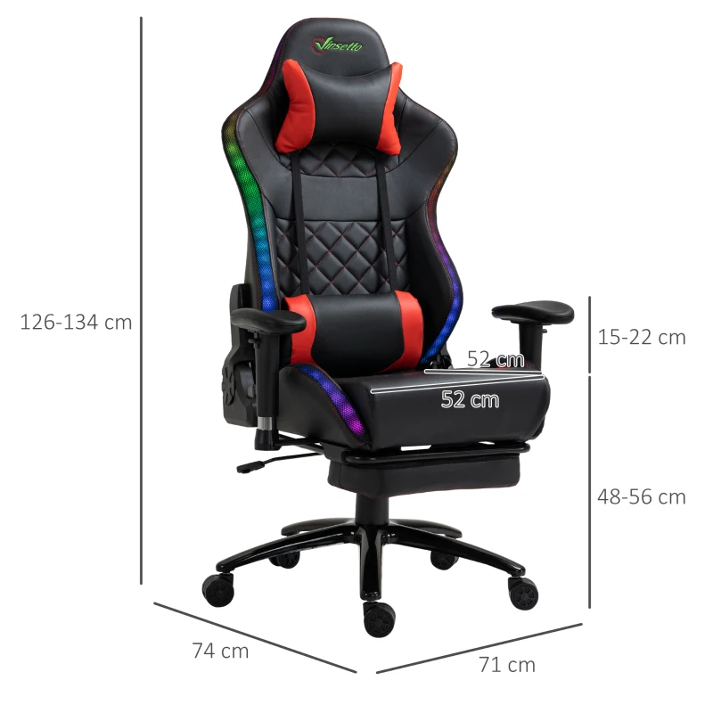Vinsetto fotel gamingowy ze światłami LED RGB funkcja przechylania krzesło biurowe krzesło do biurka podnóżek ergonomiczny design nowoczesne z regulacją wysokości pianka sztuczna skóra, stal kolor czarny + czerwony 72x77x130-140 cm