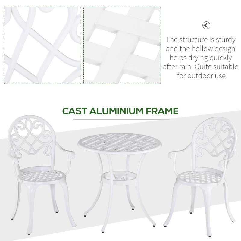 Outsunny 3PCs Garden Table Set Bistro Set Round Table with Umbrella Hole and 2 Chairs for Outdoor Indoor Patio Balcony Aluminium