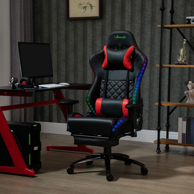 Vinsetto fotel gamingowy ze światłami LED RGB funkcja przechylania krzesło biurowe krzesło do biurka podnóżek ergonomiczny design nowoczesne z regulacją wysokości pianka sztuczna skóra, stal kolor czarny + czerwony 72x77x130-140 cm