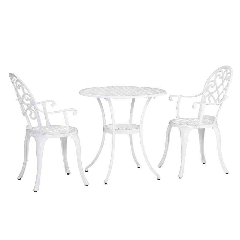 Outsunny 3PCs Garden Table Set Bistro Set Round Table with Umbrella Hole and 2 Chairs for Outdoor Indoor Patio Balcony Aluminium