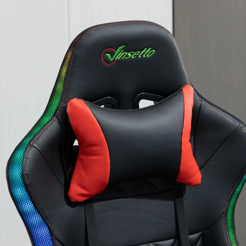 Vinsetto fotel gamingowy ze światłami LED RGB funkcja przechylania krzesło biurowe krzesło do biurka podnóżek ergonomiczny design nowoczesne z regulacją wysokości pianka sztuczna skóra, stal kolor czarny + czerwony 72x77x130-140 cm