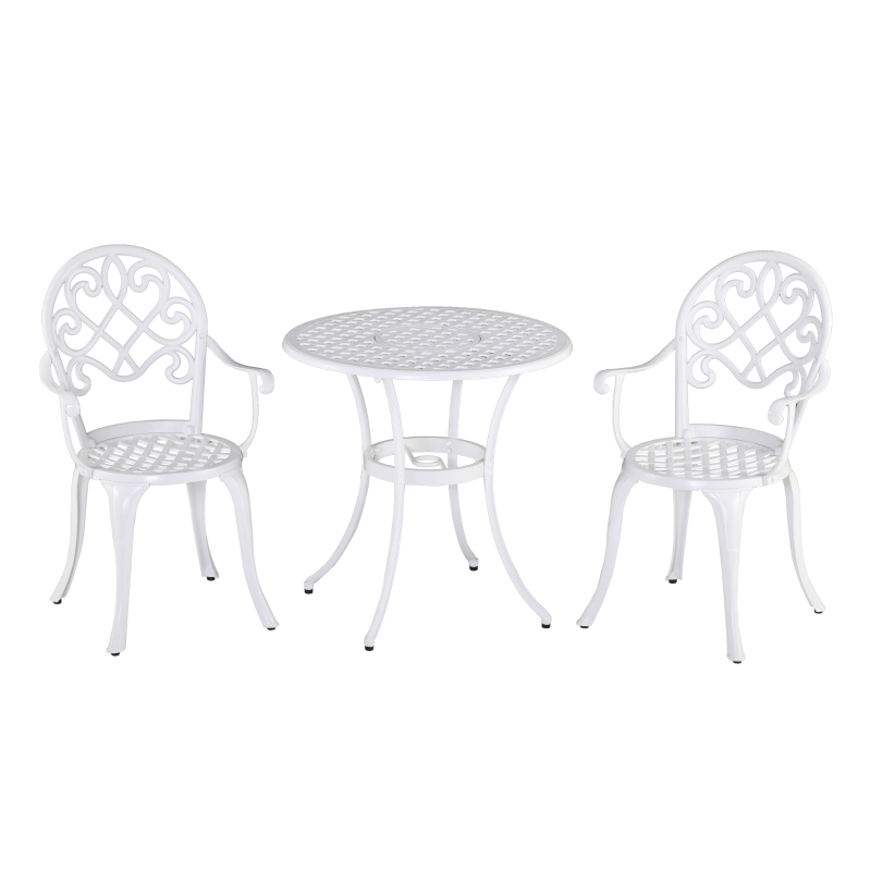 Outsunny 3PCs Garden Table Set Bistro Set Round Table with Umbrella Hole and 2 Chairs for Outdoor Indoor Patio Balcony Aluminium