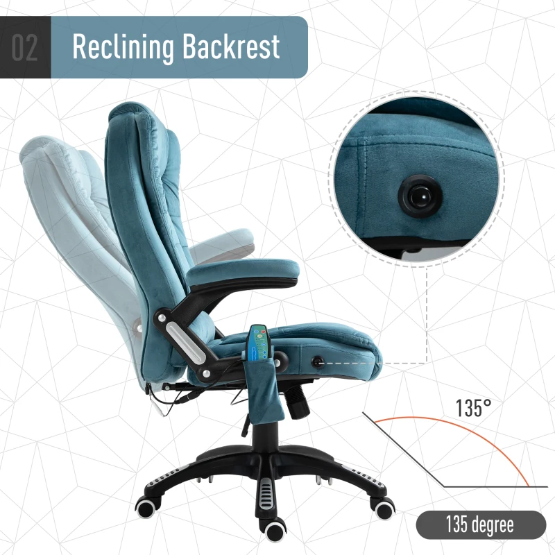 Vinsetto Faux Velvet Reclining Heated Massage Office Chair Blue