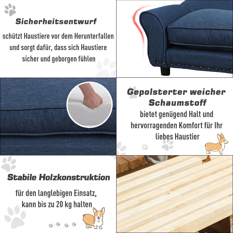 PawHut kanapa dla psa sofa dla zwierząt domowych kanapa dla psa, legowisko dla psa, mata dla psa, kanapa dla kota, naturalne drewno + len, granatowa