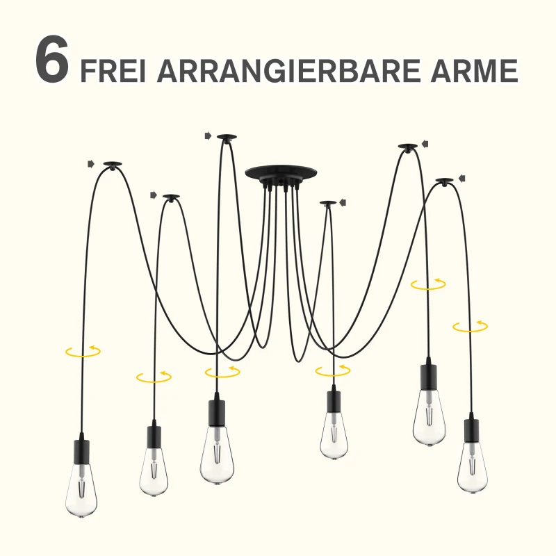 Lampa sufitowa Żyrandol z 6 regulowanymi ramionami i 6 żarówkami kształt pająka