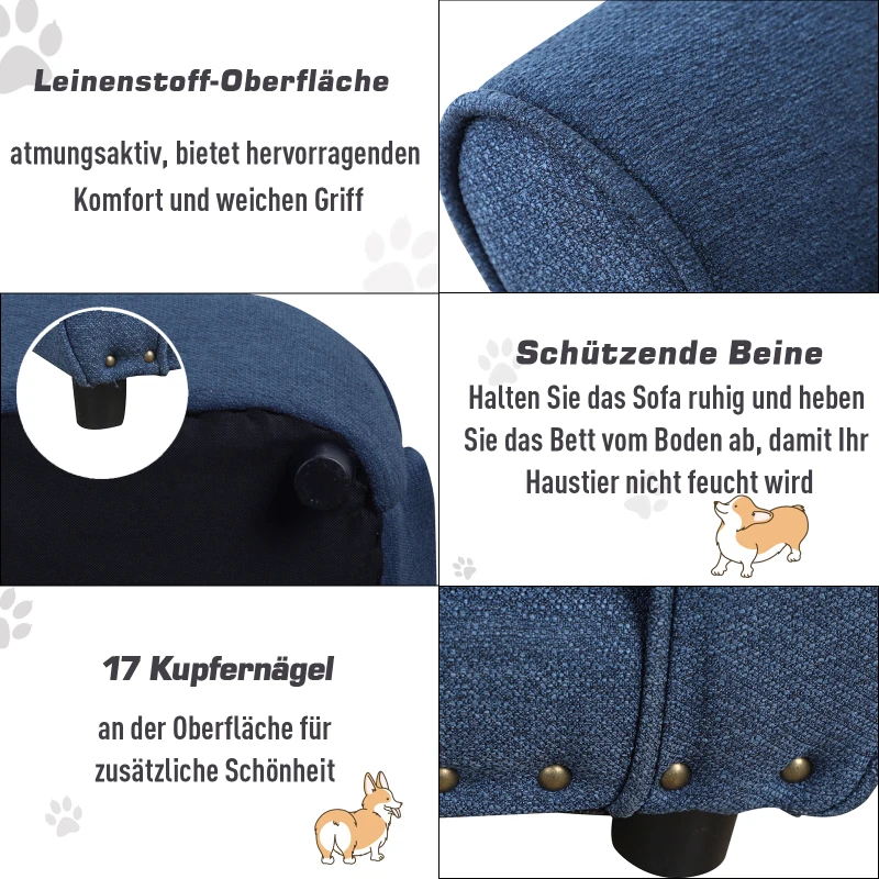 PawHut kanapa dla psa sofa dla zwierząt domowych kanapa dla psa, legowisko dla psa, mata dla psa, kanapa dla kota, naturalne drewno + len, granatowa