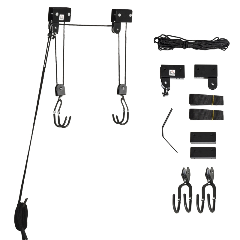 HOMCOM Podnośnik kajakowy, sufitowy, rowerowy System do przechowywania kajaków do 50 kg Uchwyt sufitowy wielofunkcyjny stal PP czarny 12,3 x 16 cm