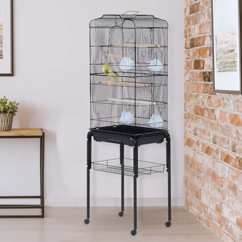 PawHut® KLATKA DLA PTAKÓW WOLIERA DLA PAPUG PAPUŻKA FALISTA Z RUCHOMYM STOJAKIEM czarna 47,5x37x153 cm