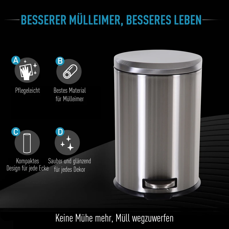 HOMCOM® Kosz na śmieci z pedałem 20 L z wiaderkiem wewnętrznym soft close stal nierdzewna PP Ø29,2 x H44 cm