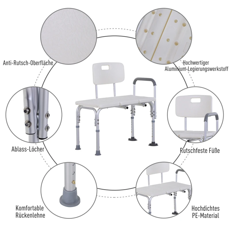 HOMCOM® Krzesło pod Prysznic Stołek Kąpielowy z Uchwytem i Oparciem Antypoślizgowy Stop Aluminium Biały