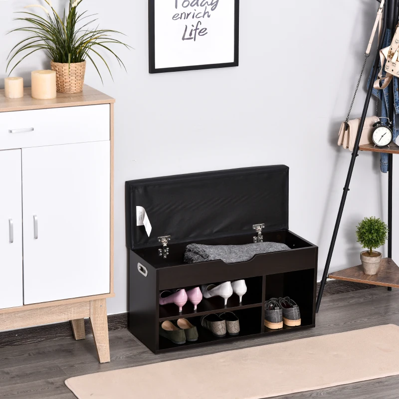HOMCOM Ławka z półkami na buty, Ławka, Skrzynia z siedziskiem, strefa wejściowa, korytarz, PU, orzech czarny, 80 × 30 × 45 cm
