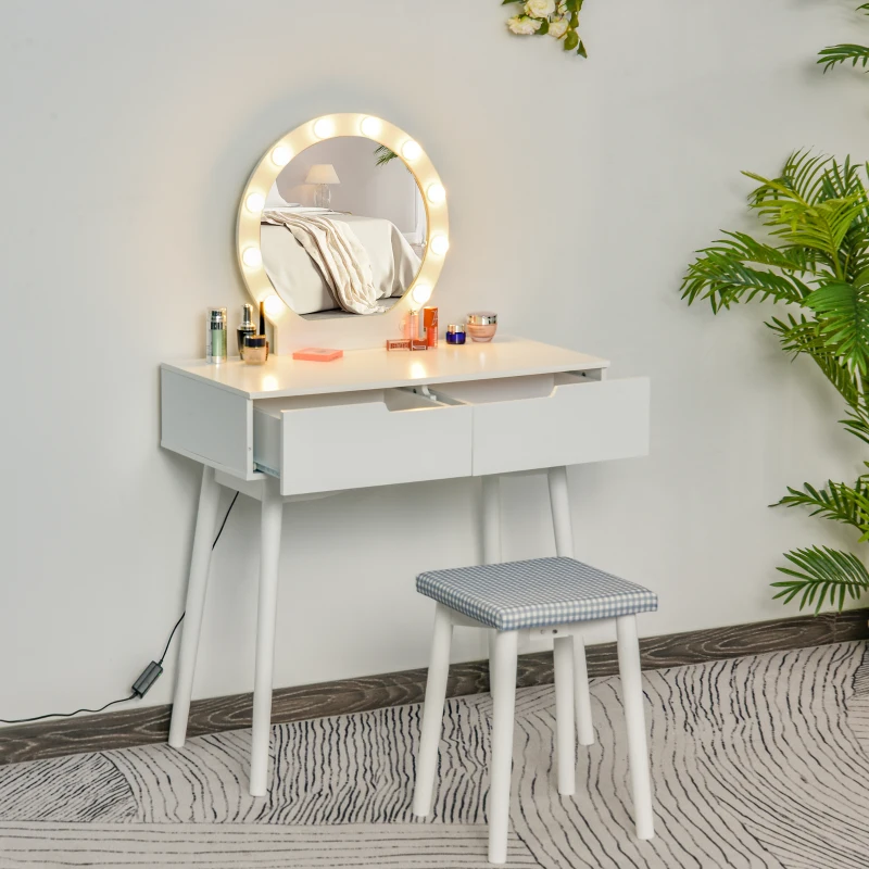 Toaletka stolik na kosmetyki z taboretem lustrem LED i 2 szufladkami kolor biały