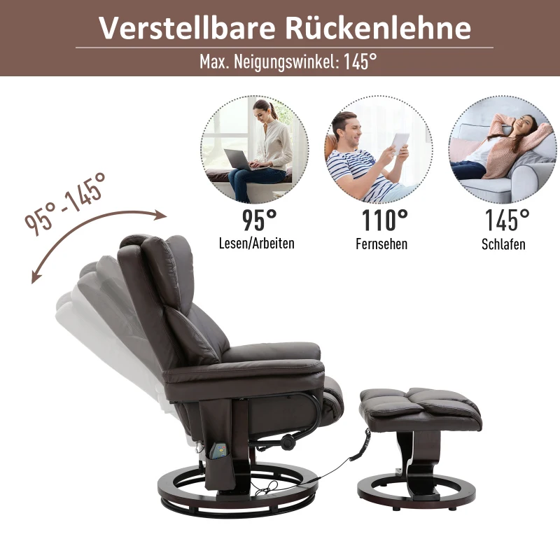 Fotel z masażem z podnóżkiem Fotel relaksacyjny Funkcja ogrzewania 135° nachylenia PU Brązowy 79 x 82 x 101 cm HOMCOM®