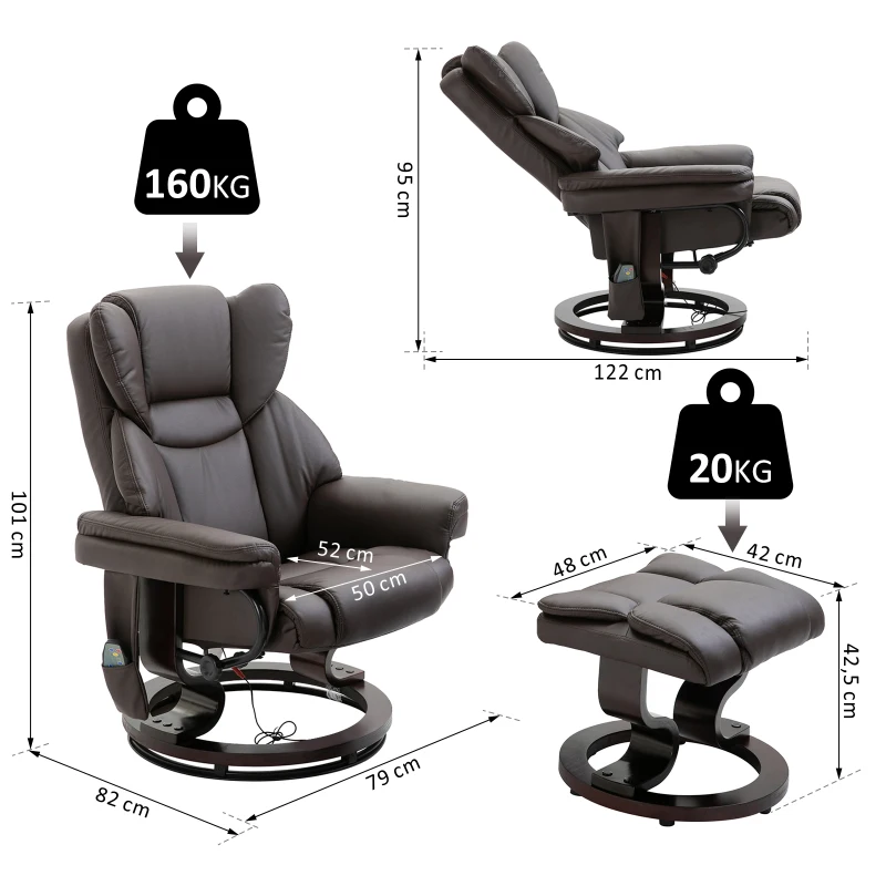 Fotel z masażem z podnóżkiem Fotel relaksacyjny Funkcja ogrzewania 135° nachylenia PU Brązowy 79 x 82 x 101 cm HOMCOM®