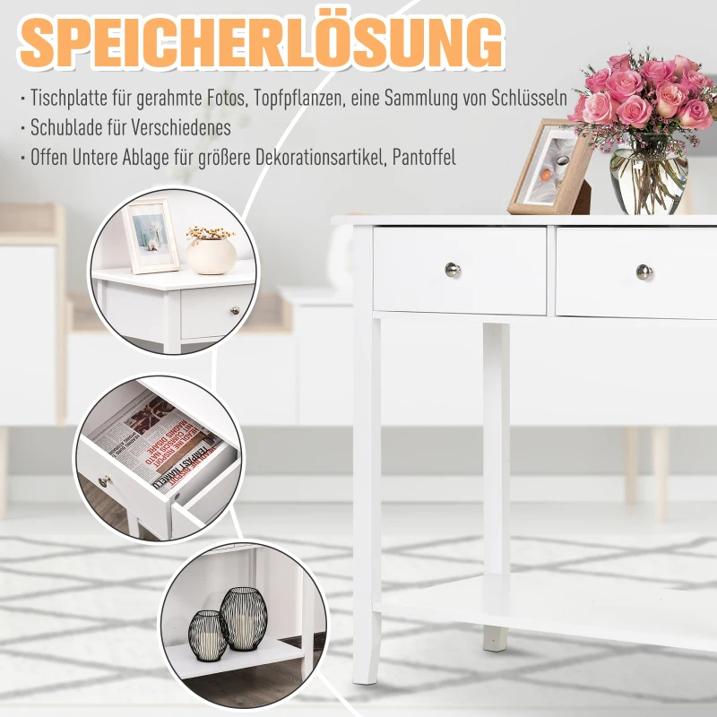 Homcom® Stolik Konsola z 2 Szufladami Kredens Przedpokój Lite Drewno Biały
