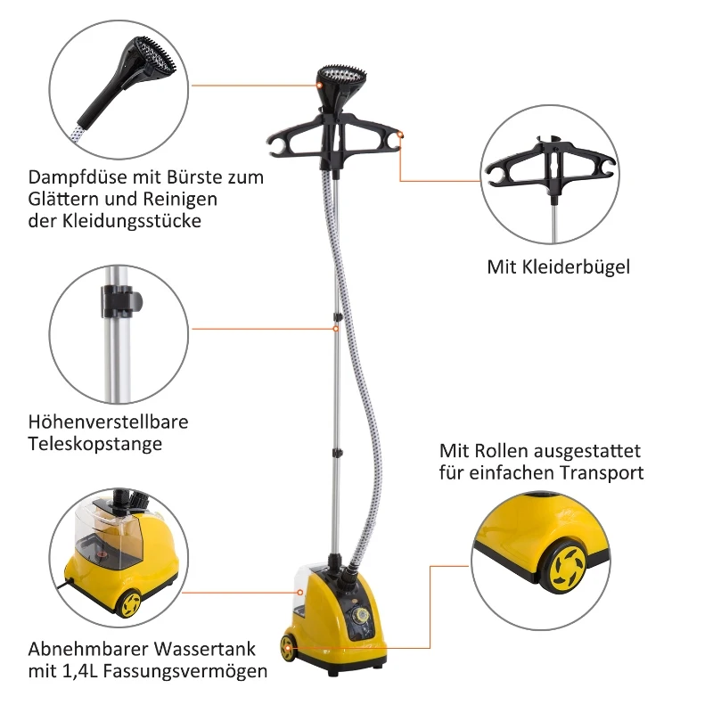 HOMCOM SZCZOTKA PAROWA PIONOWA 1800 W 1,4 L żółta