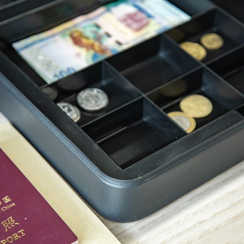 Kasetka na pieniądze z przegrodą na banknoty i monety, kasa, stal, PP, czarna