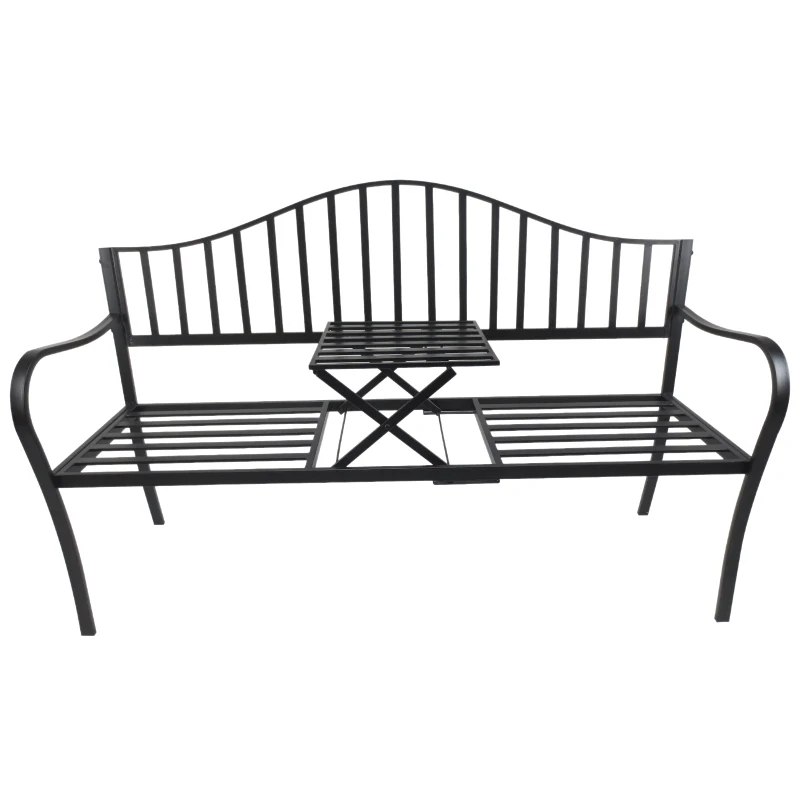 Ławka ogrodowa parkowa z podłokietnikami ze składanym stolikiem 2-osobowa czarna 160 x 53 x 95 cm Outsunny