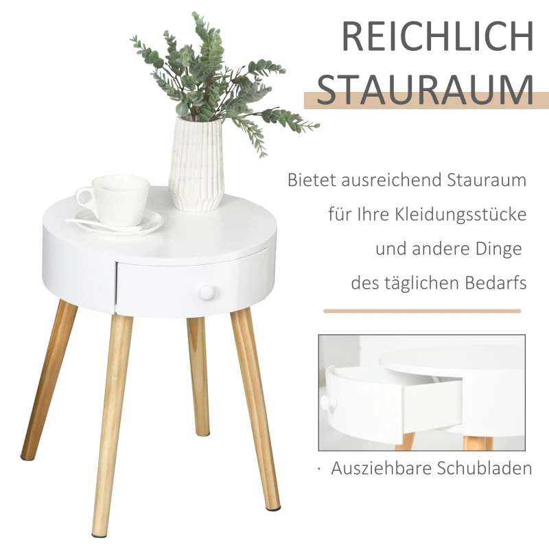 Szafka nocna okrągły stolik z szufladą nogami design skandynawski kolor biały