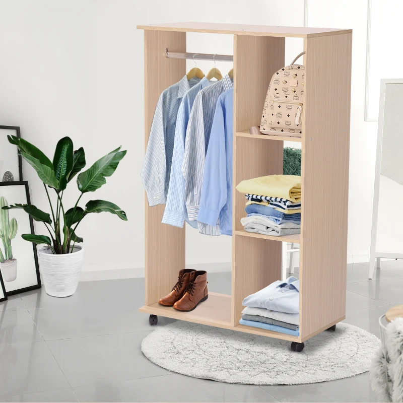 HOMCOM Otwarta Szafa ubraniowa do przedpokoju, z wieszakami i kółkami, do sypialni, płyta wiórowa E1, aluminium, 80x40x128 cm, kolor naturalny