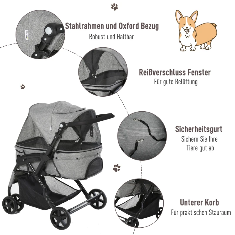 Wózek dla psa wózek dla psów torba dla psa z czterema kółkami składany psy Oxford kolor szary