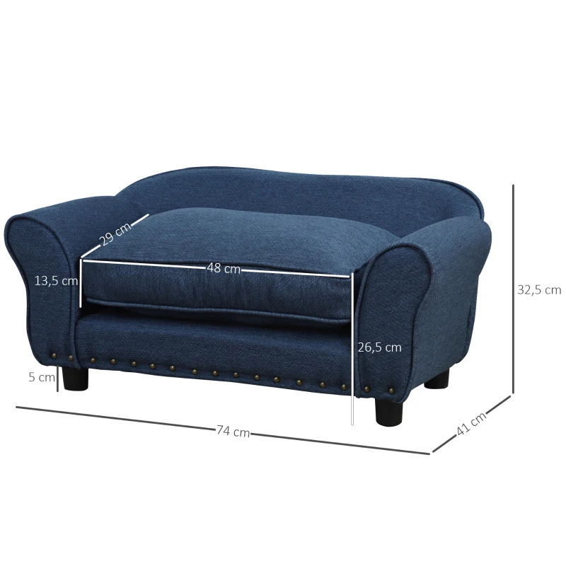 PawHut kanapa dla psa sofa dla zwierząt domowych kanapa dla psa, legowisko dla psa, mata dla psa, kanapa dla kota, naturalne drewno + len, granatowa