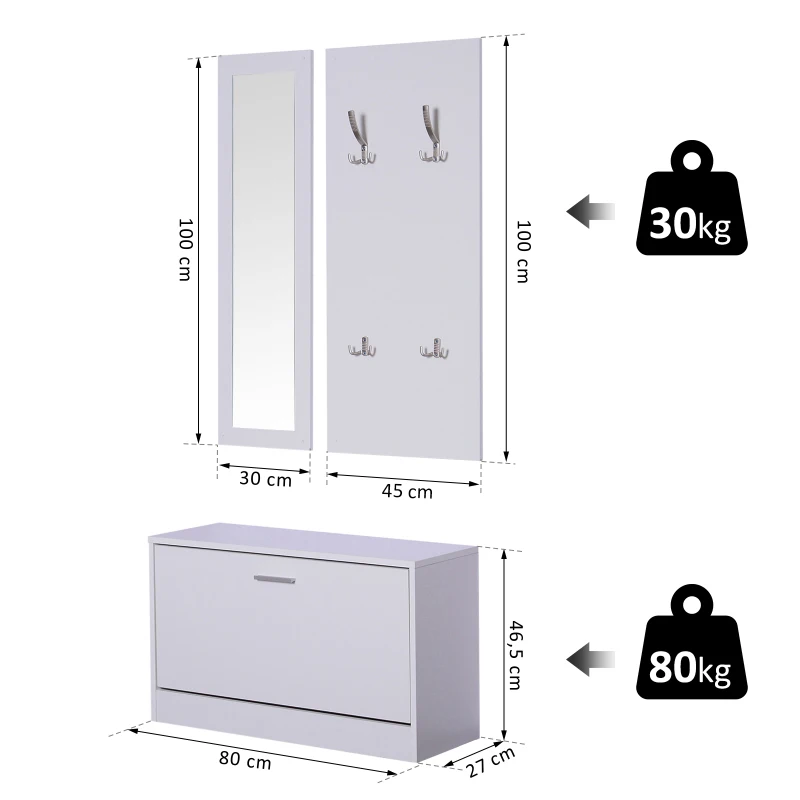 HOMCOM® 3-ELEMENTOWY ZESTAW DO PRZEDPOKOJU GARDEROBY SZAFKA NA BUTY WIESZAK NA UBRANIA LUSTRO ŚCIENNE 4 HAKI biały 30 x 100 cm
