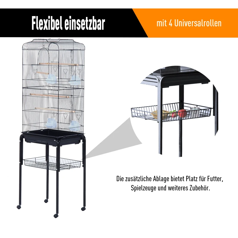 PawHut® KLATKA DLA PTAKÓW WOLIERA DLA PAPUG PAPUŻKA FALISTA Z RUCHOMYM STOJAKIEM czarna 47,5x37x153 cm