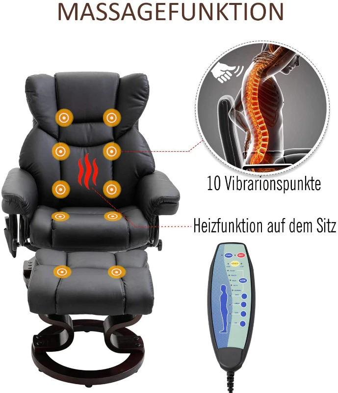 Fotel masujący z podnóżkiem Fotel relaksacyjny z funkcją ogrzewania 135° nachylenia PU Czarny 79 x 82 x 101 cm HOMCOM®