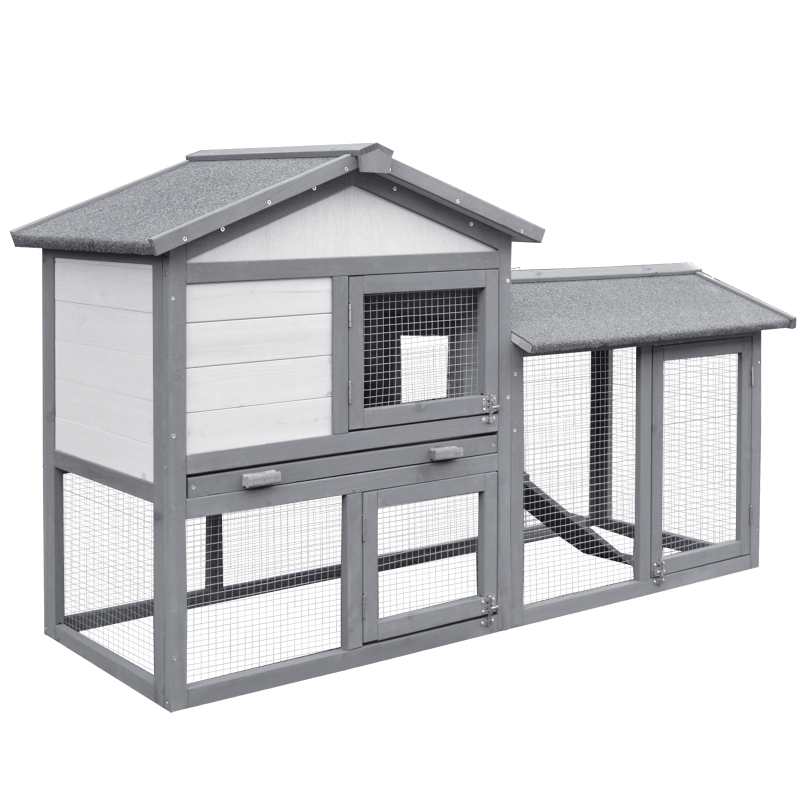 PawHut® KLATKA DLA KRÓLIKÓW KUR Z WYBIEGIEM drewno jodłowe szara 147 x 54 x 84 cm